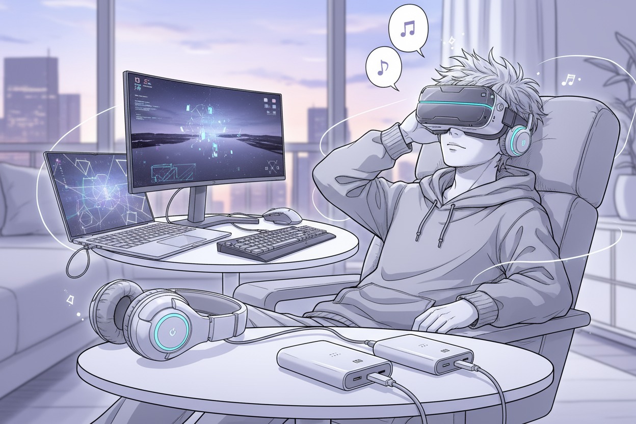 Fais un casque VR des batterie externes des casquepour ecouter de la musique des ordinateur dans un style manga avec un mood cool relax 