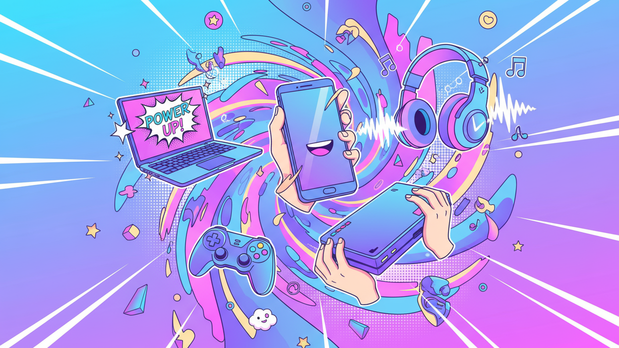 Genere moi un fond d'écran pour mon site qui vend des appareil electroniques style good vibes et manga